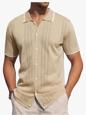 Men's Short-Sleeve Button-Down Shirt in Beige with Contrast Trim plus size 149